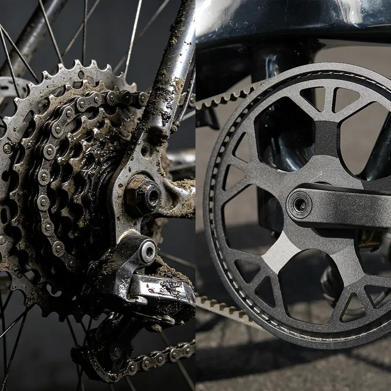 Close-up comparison of a traditional bicycle chain drive and a smooth carbon belt drive system
