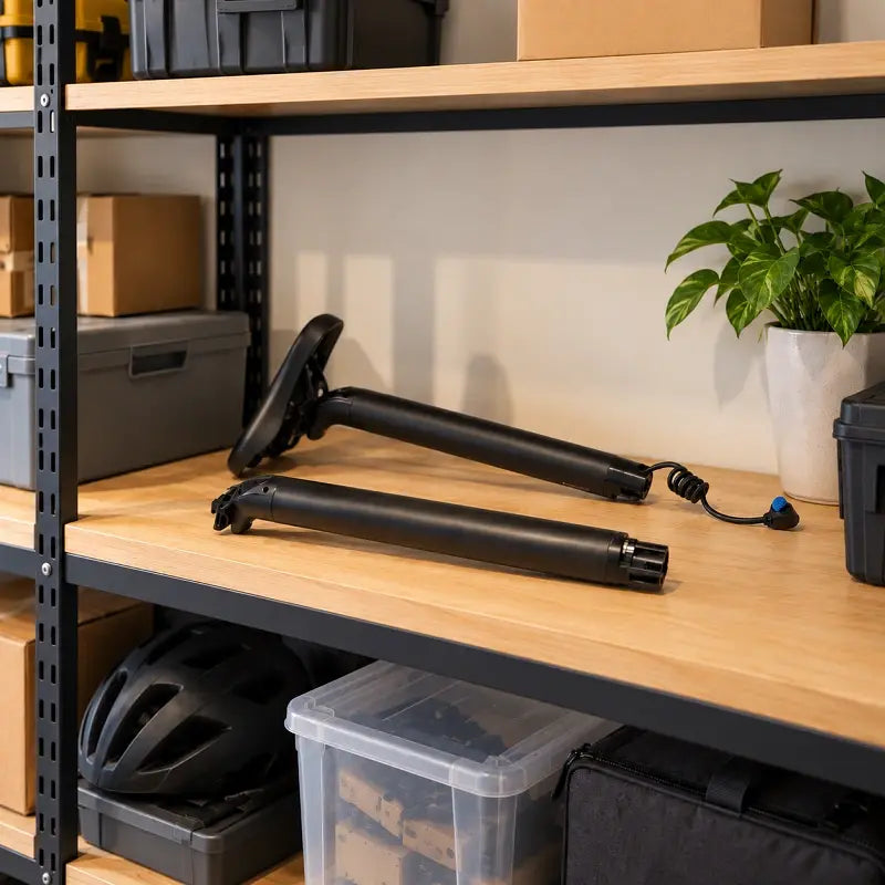 Black electric bike battery stored neatly in an organized garage