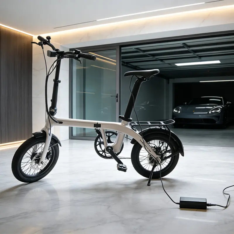 Electric bike battery being inspected and charged in a clean indoor environment