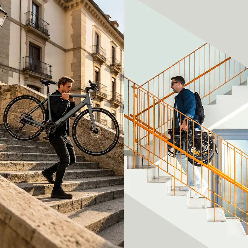 Comparison of a folding electric bike and a non-folding electric bike being carried downstairs, showing differences in portability