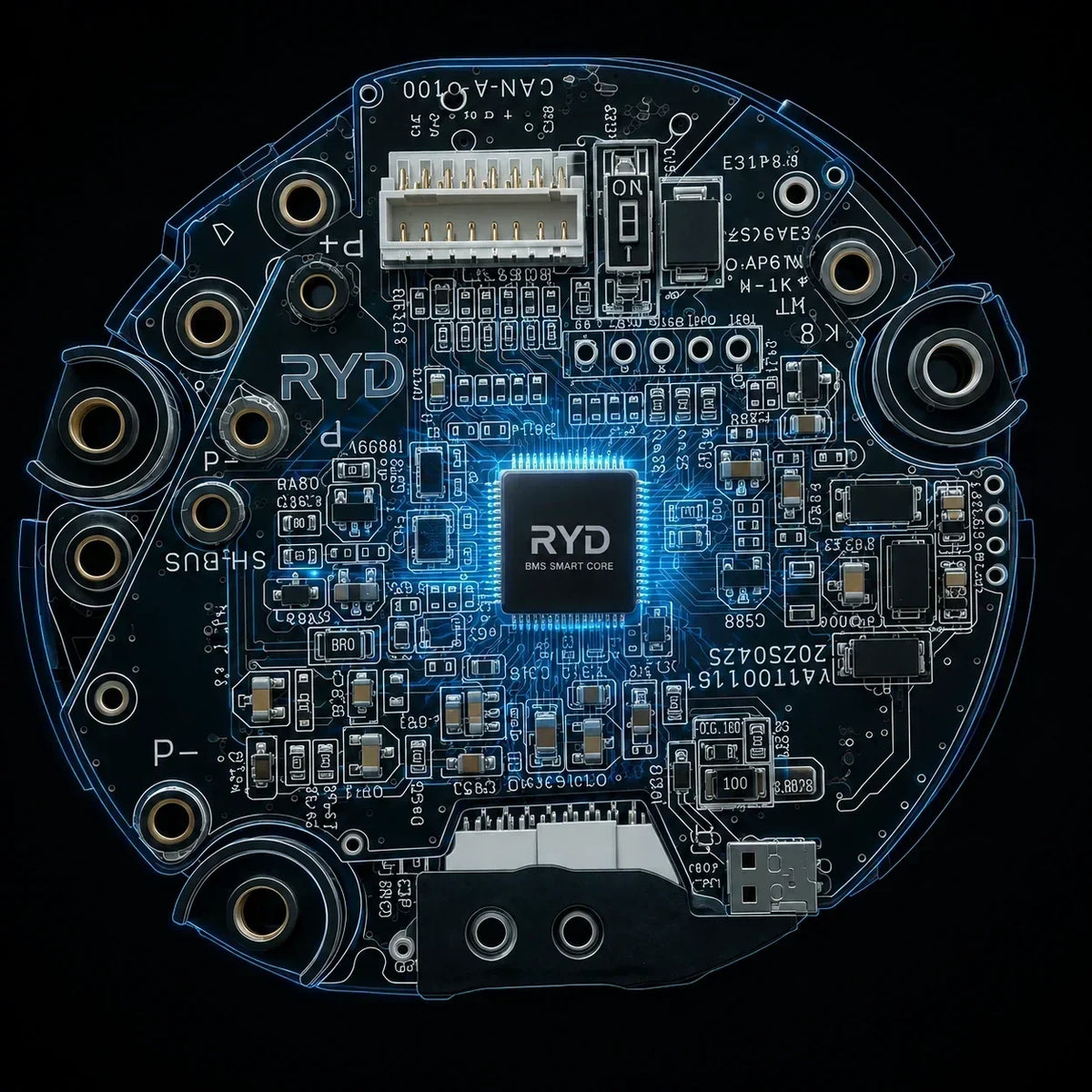 Close-up view of RYD Aero 16 BMS circuit board showing smart battery management technology for LG-powered electric bike battery safety