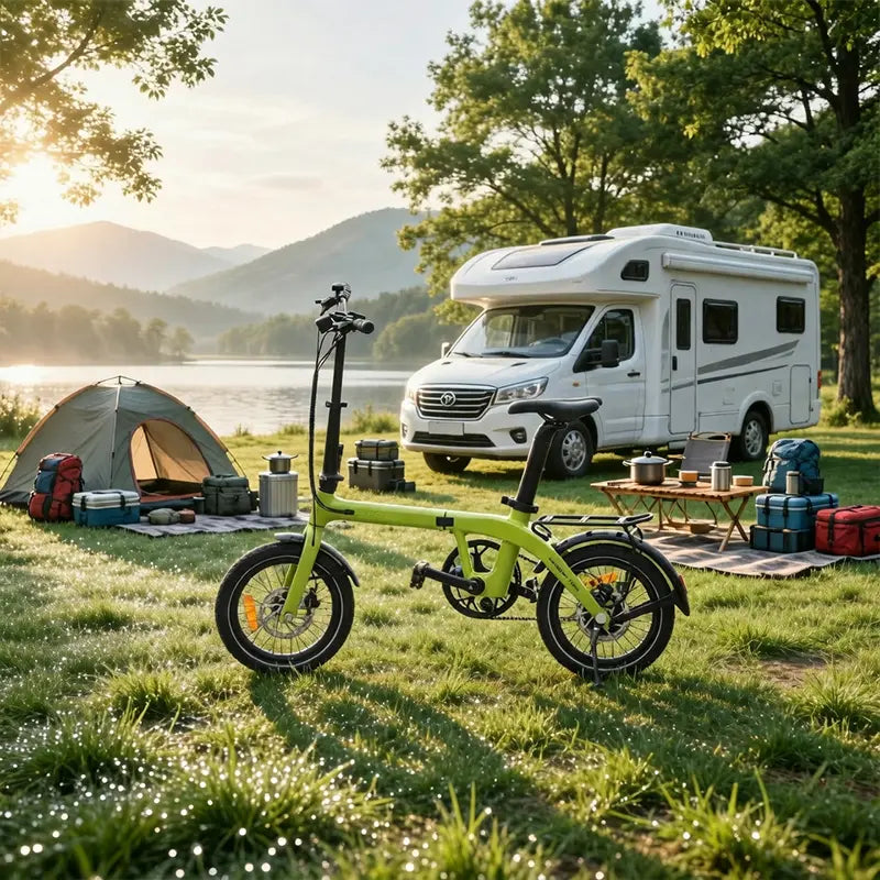 RV traveler unfolding a RYD Aero 16 compact folding electric bike at a campsite or coastal travel location