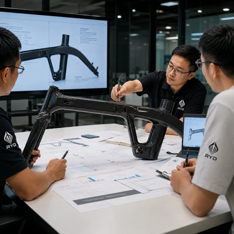 Engineers reviewing a carbon fiber electric bike frame design and discussing structural load paths during a technical workshop