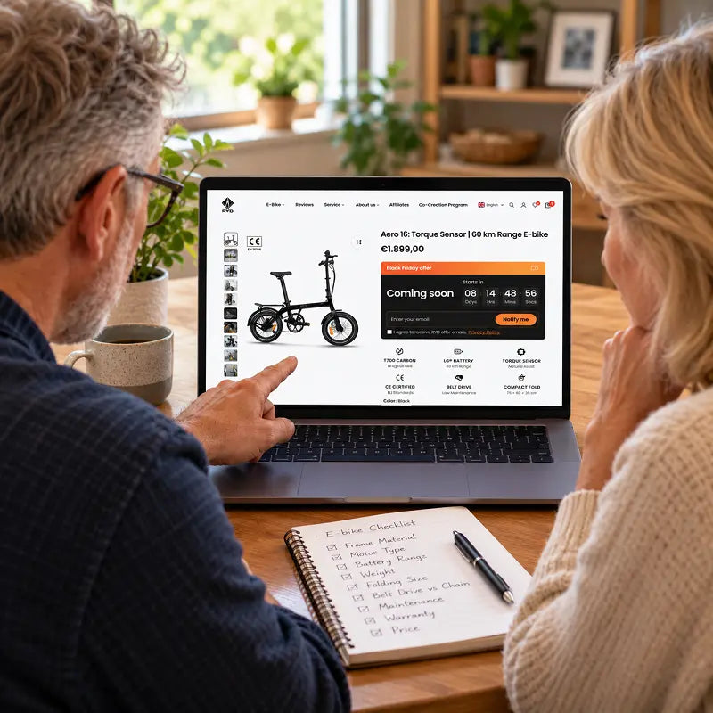 Middle-aged couple browsing electric bikes online together on a computer at home